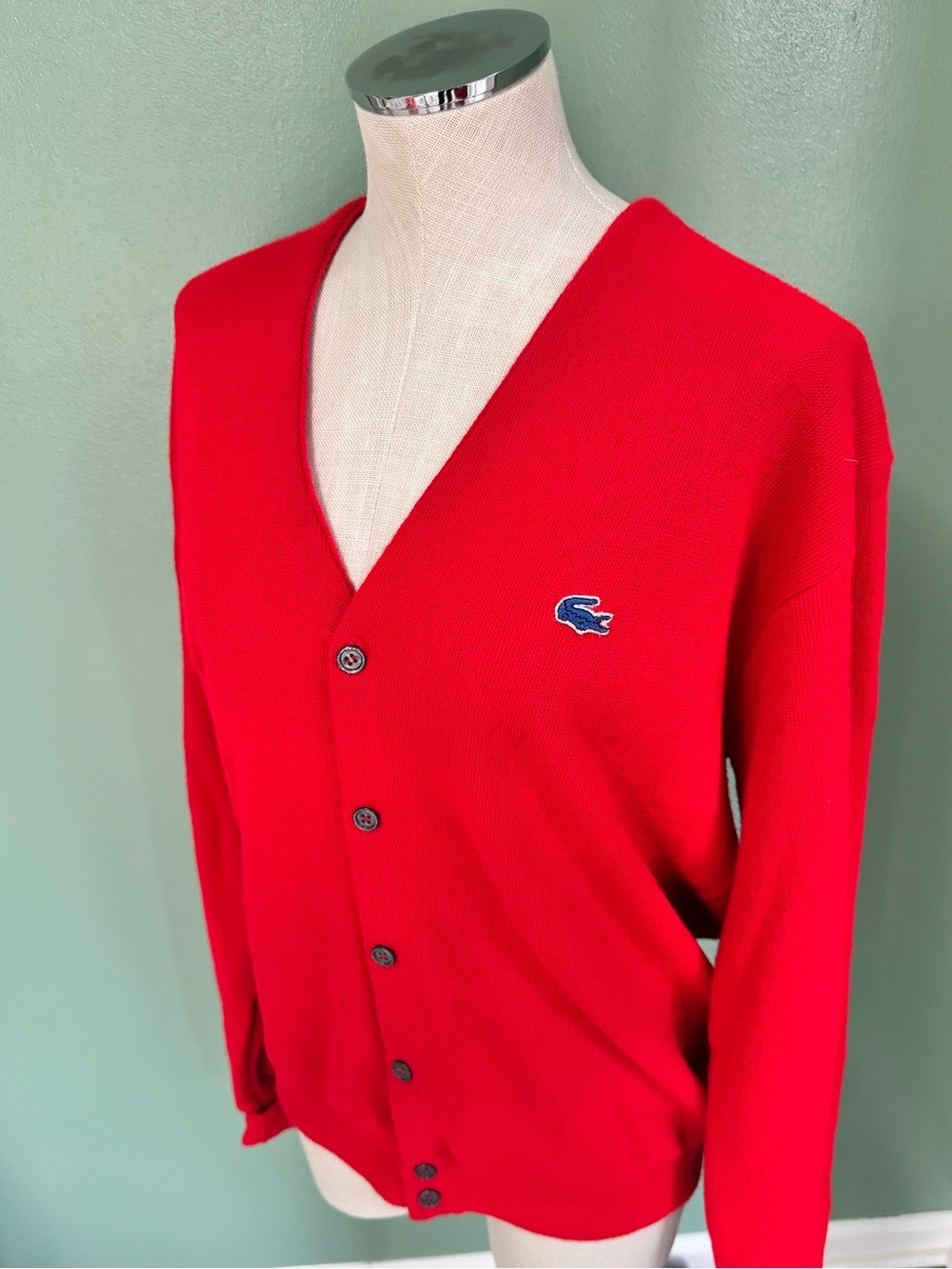 Vintage Lacoste Men’s Bright Red V-Neck Button Cardigan